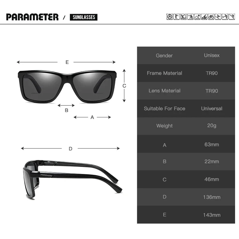 PARANOID Vintage TR90 Sunglasses Polarized Men's Sun Glasses For Men Square Shades Black UV400 Oculos Male 8 Colors Model 8652