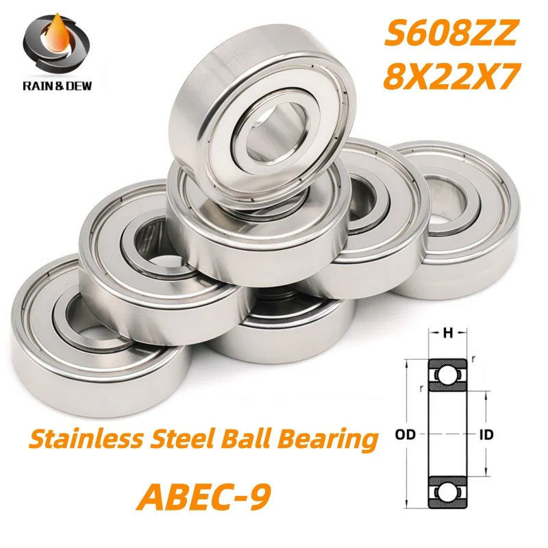 8 pièces de roulements à billes en acier inoxydable S608ZZ 608zz ABEC-9 8x22x7mm pour patins à roulettes 608