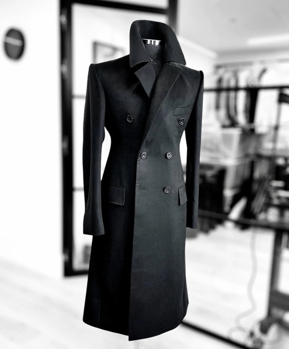 Fashion Woolen Blend Coat Men Black Over Jacket Overcoat Double Breasted Long Plus Size Warm Formal Business Costume Customized