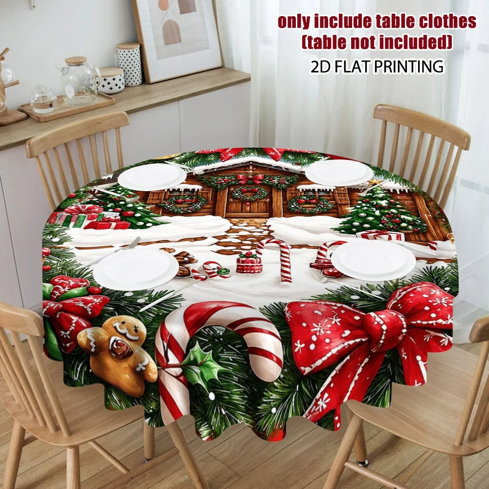 2D flat print, 1 Christmas wreath and log cabin pattern round tablecloth design for enjoyable table time