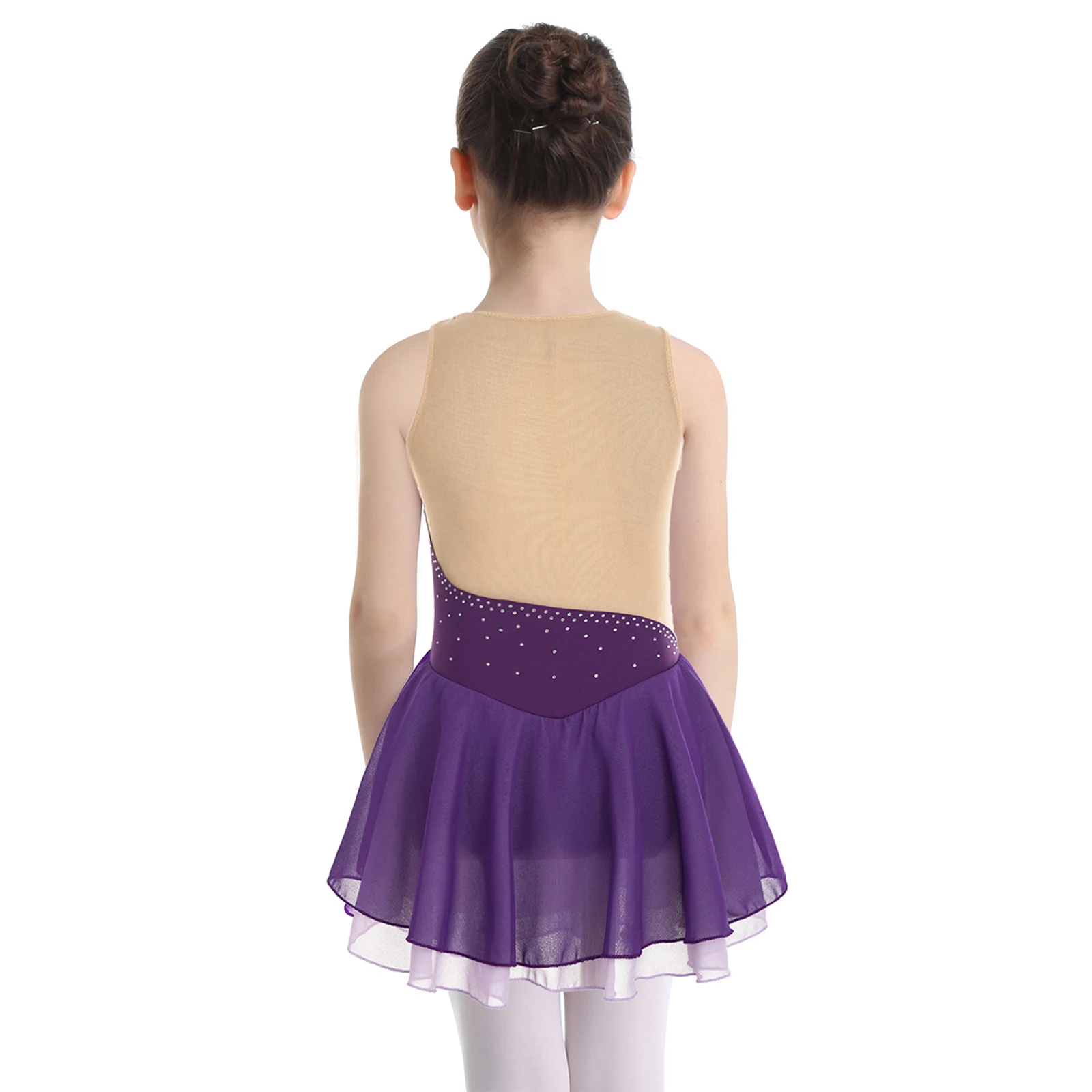 Children Girls Figure Skating Dance Dress Ballet Gymnastics Acrobatics Costume Sleeveless Rhinestone Sheer Mesh Leotard Tutu