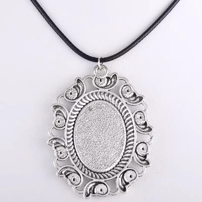 Fit 25*18Mm Antique Silver Color Blank Pendant Base Necklace Glass Cabochon Bezel Tray Vintage Necklace Making Jewelry Setting