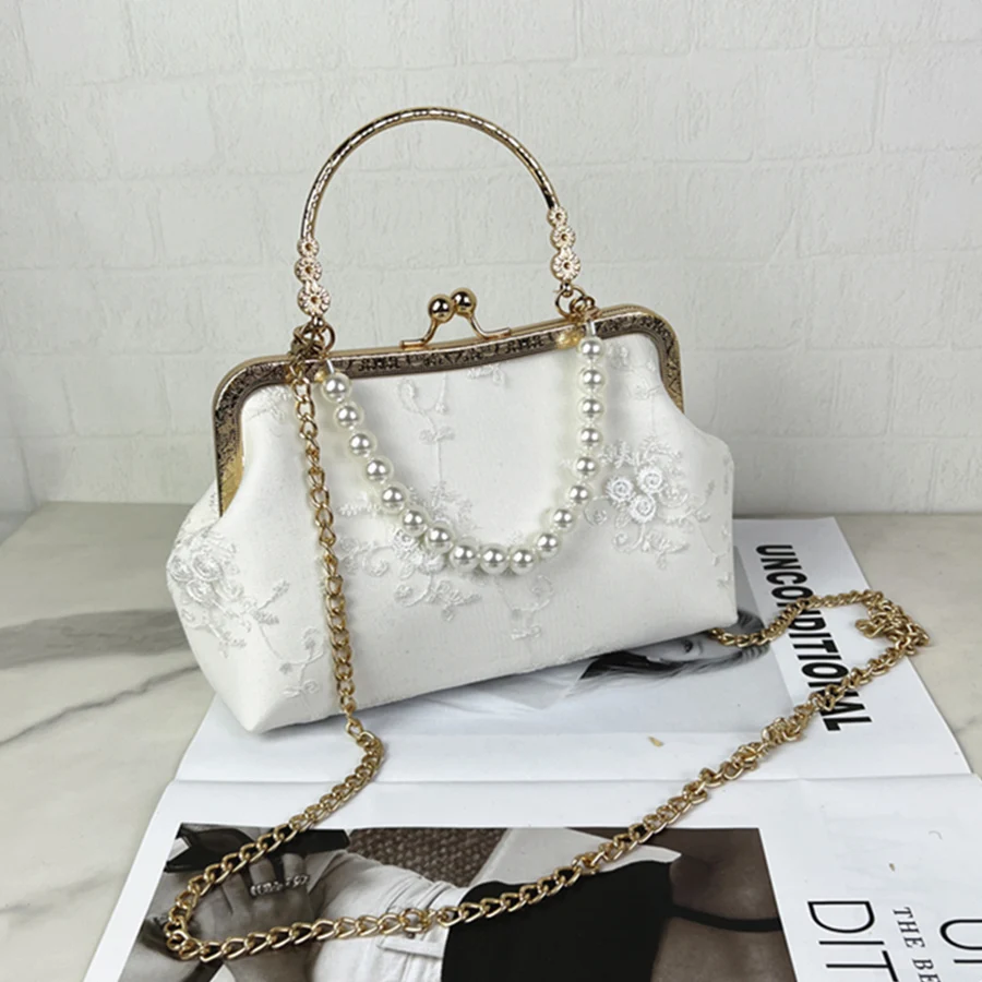 Vintage Lace Embroidery Women Purse Handbag Shell Metal Clip Clutch Pearl Chains Ladies Small Shoulder Crossbody Bag Sacs a main