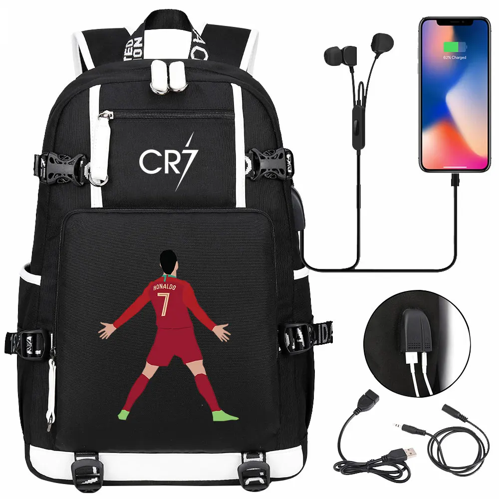 Football CR7 USB Charging Backpack Ronaldo Schoolbag Travel Notebook Laptop Bags For Teens Students