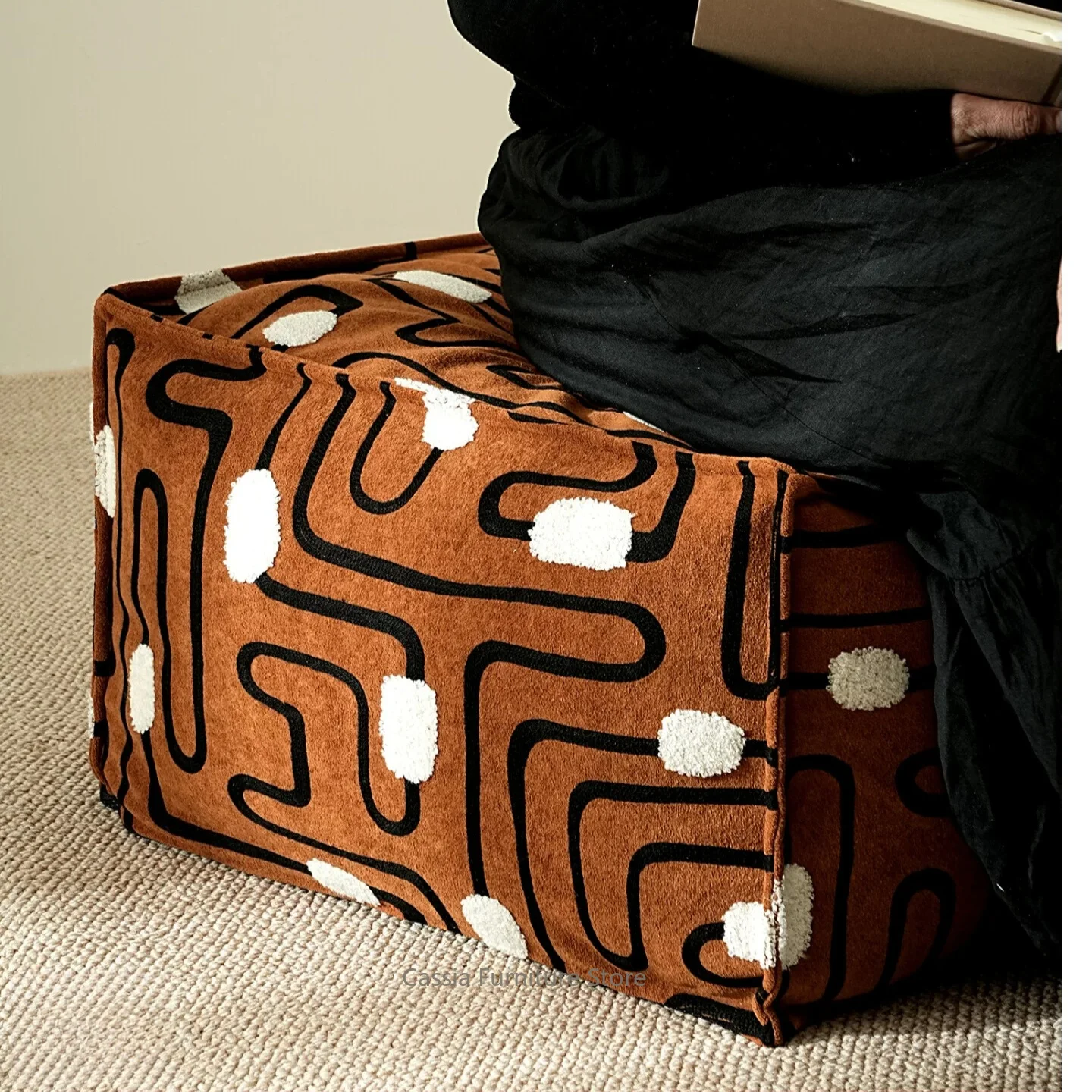 Premium Caramel Pouf Ottoman for Living Room, High-End Cartoon Line Pattern Footstool