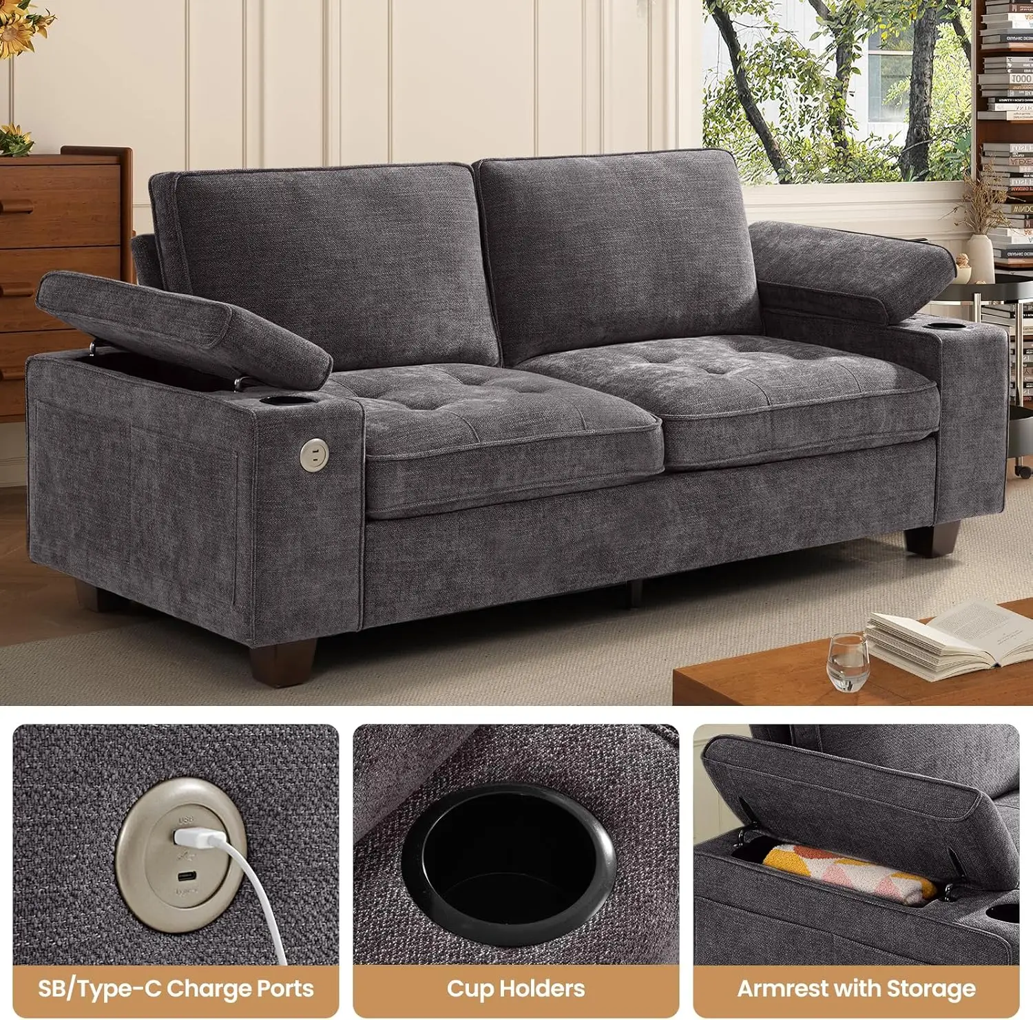 أريكة حديثة بمقعدين من الشنيل مع مسند ذراع تخزين قابل للتعديل وحاملات أكواب ومنافذ USB/Type-C لغرفة المعيشة #4