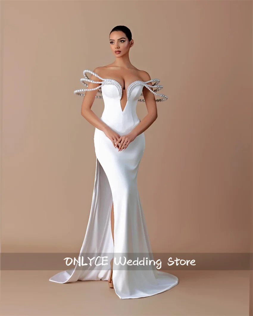 

Luxury 2025 Mermaid Wedding Dresses Off Shoulder Beading Pearls Princess Bride Gown Robe De Mariée Customized
