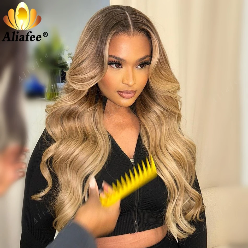 Dark Brown Root Body Wave Wig 180% PrePlucked 13X6 Lace Frontal Human Hair Wigs Ombre Blonde 13X4 Body Wave Wig for Women