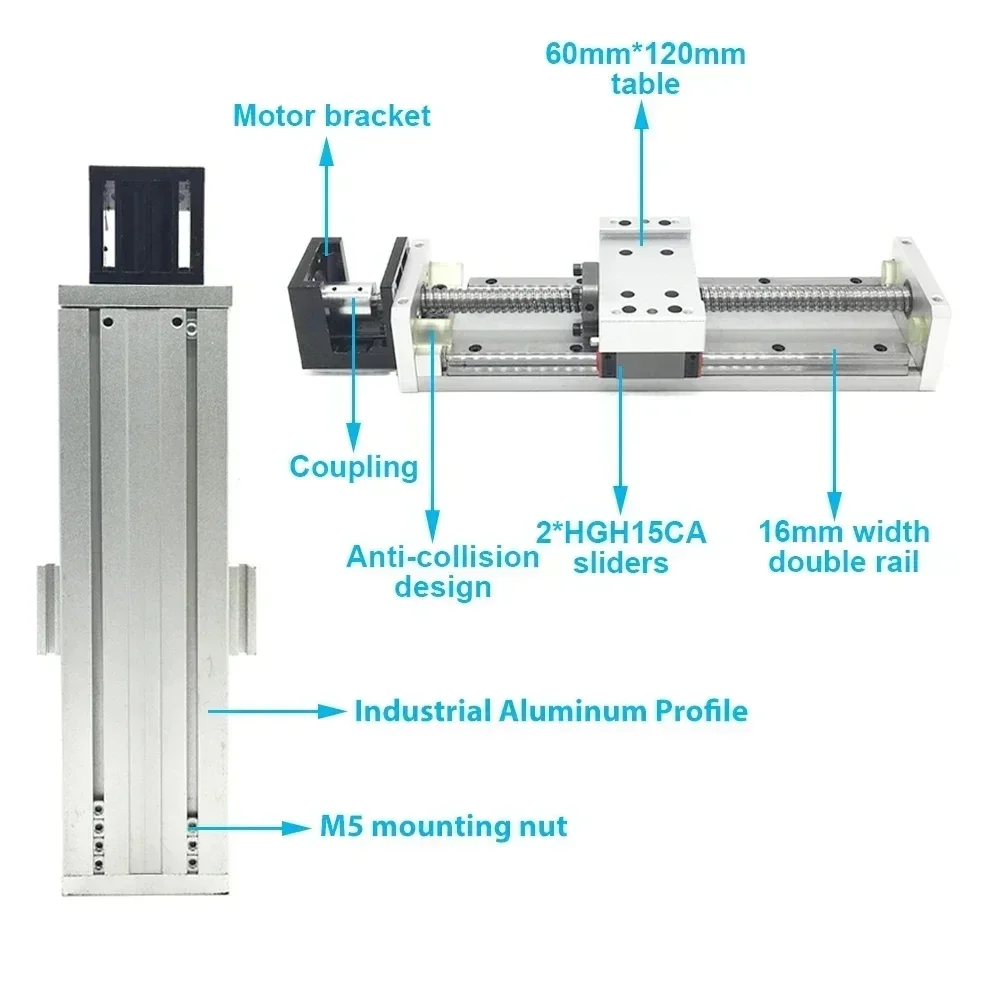 Imagem -03 - Fechado Módulo Duplo Guia Trilho Linear Slide Stage Alumínio Linear Stage Xyz Axis Tampa contra Poeira com Nema 23 57 mm Stepper Motor