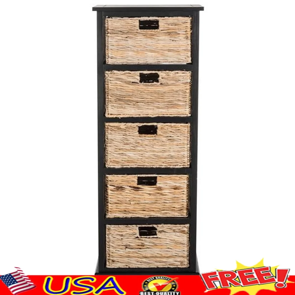 

Nautical 5 Wicker Basket Storage Tower Distressed Black Wood Frame Rattan Drawers Rustic Home Organization Space Saver