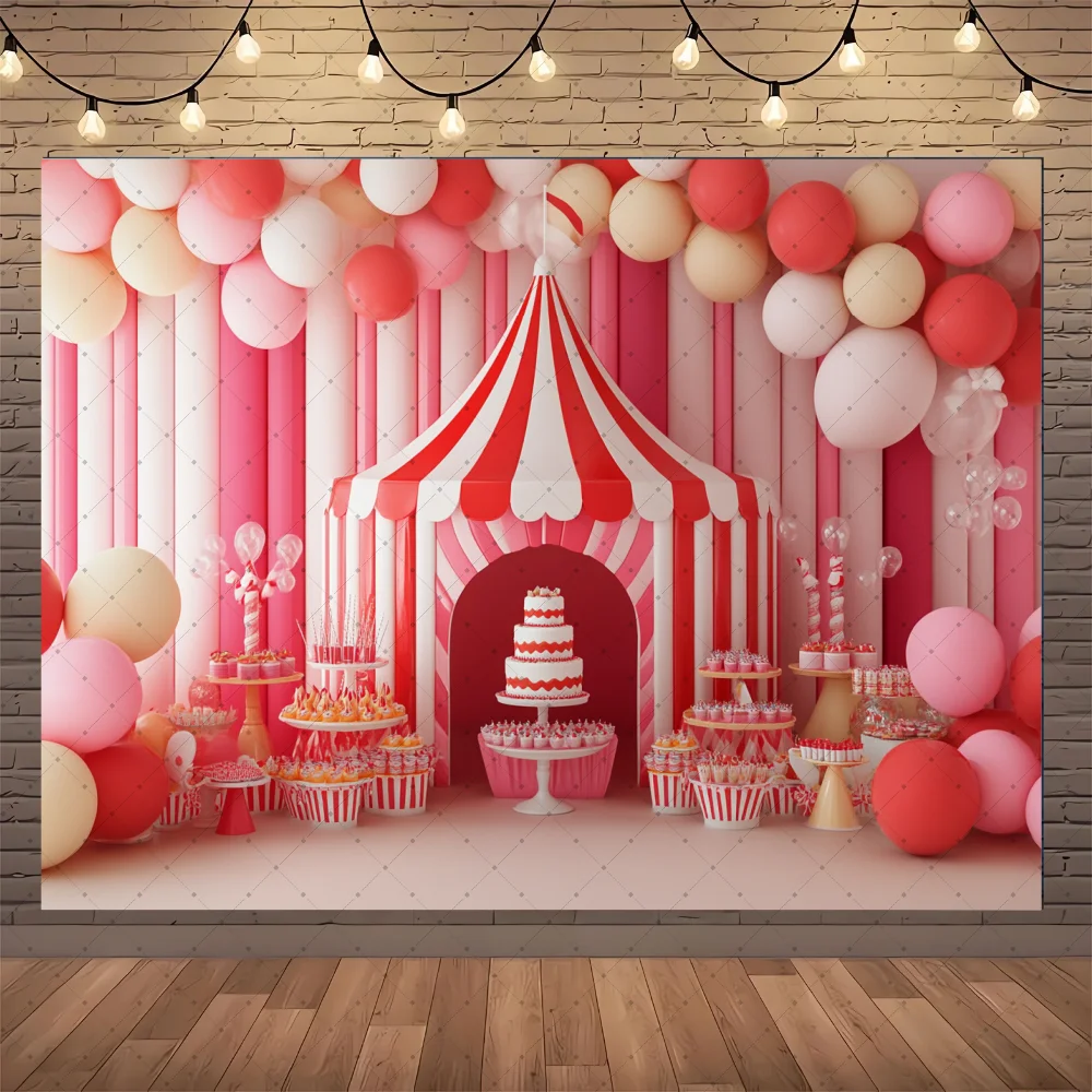 Circus Red Tent Ferris Wheel Carousel Hot Air Balloon Kid Birthday Party Banner Backdrop Custom KidPhoto Poster Decor Background view 2
