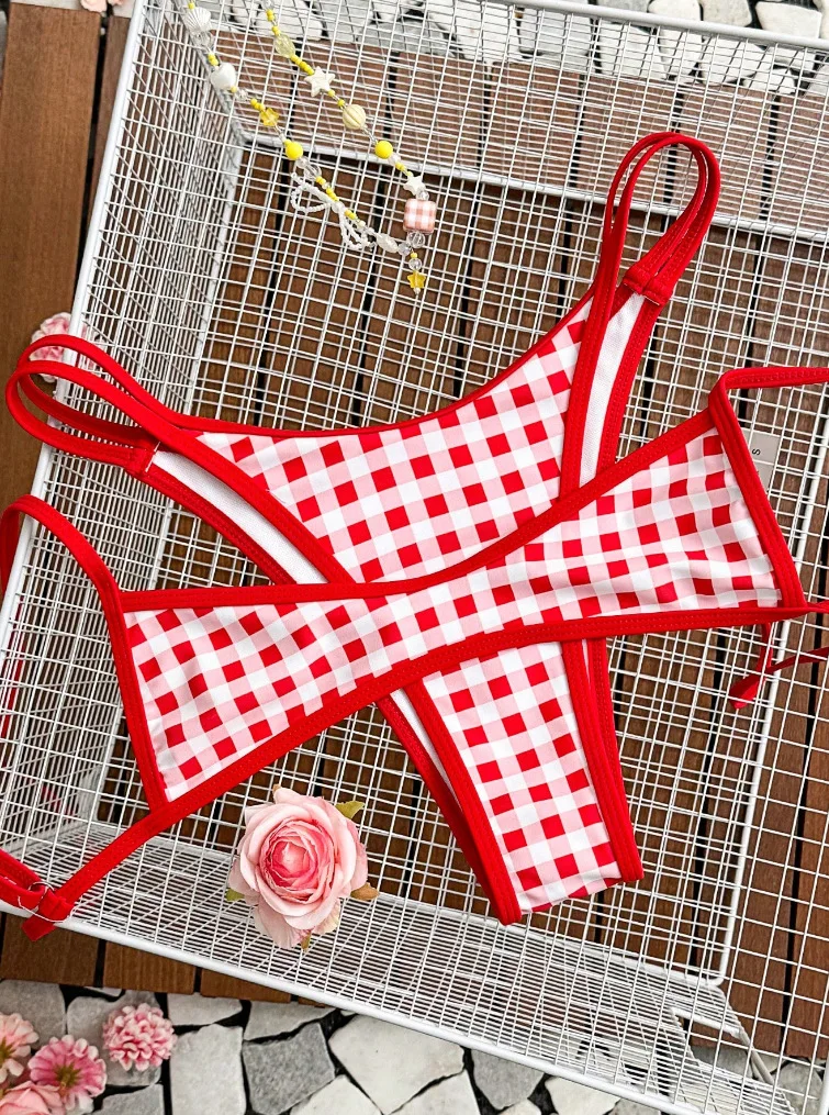 2026 Red White Gingham Checkered Two Piece Bikini Set Women Sexy Push Up Tummy Control Swimwear Beach Vacation Summer Swimsuit