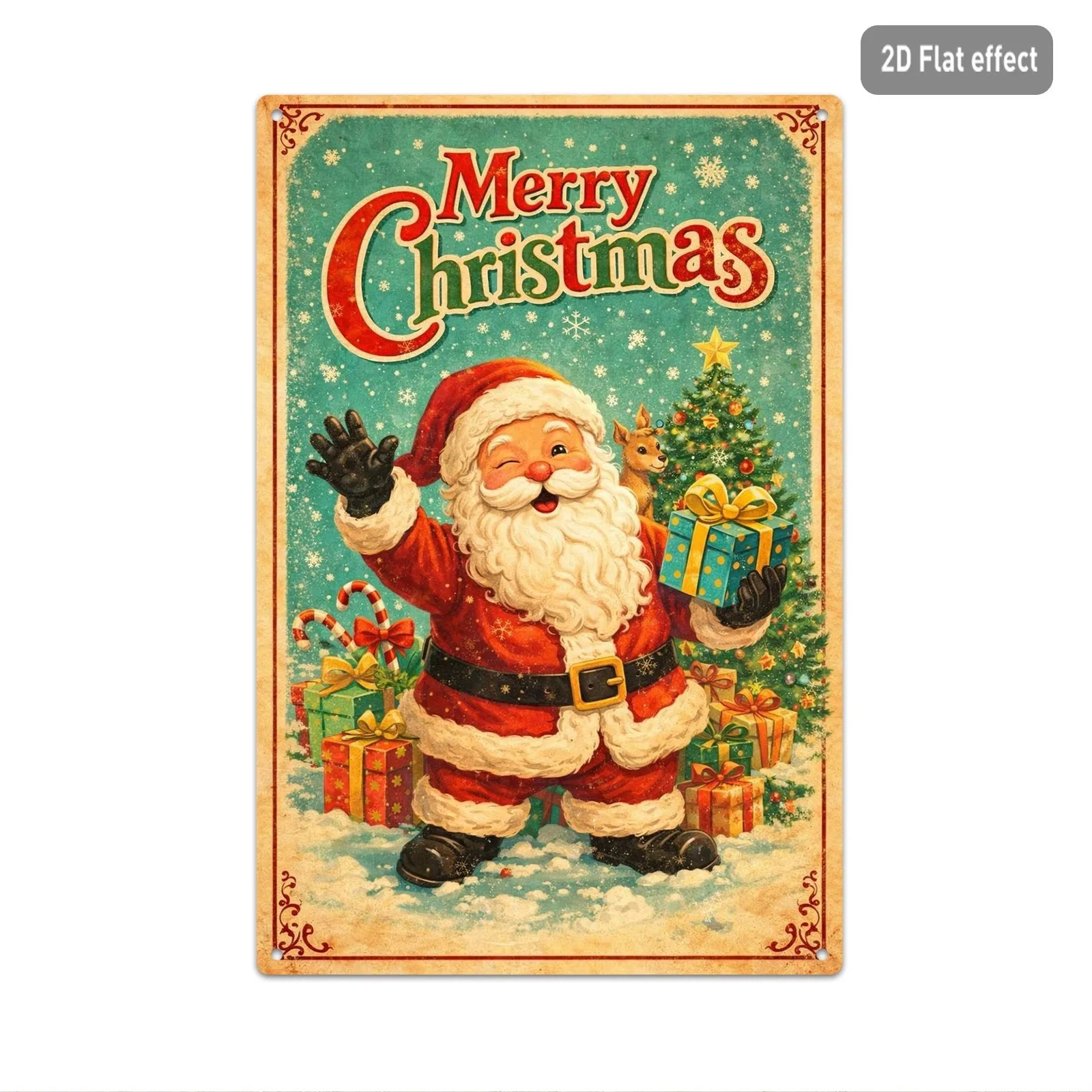 Vintage Merry Christmas Iron Decorative Sign, 20X30Cm Festive Tin Plaque with Santa Claus, Reindeer And Snowy Christmas Tree Pat