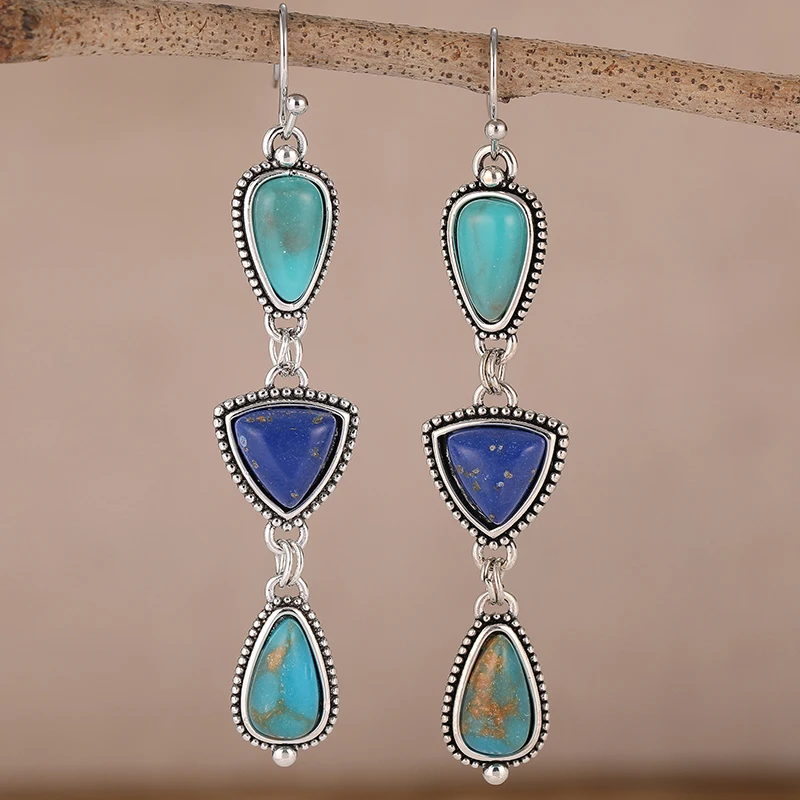 Vintage Edelstein-Türkis Hängeohrringe im Bohemian-Stil, Ohrhänger mit Haken, Lässiger Schmuck
