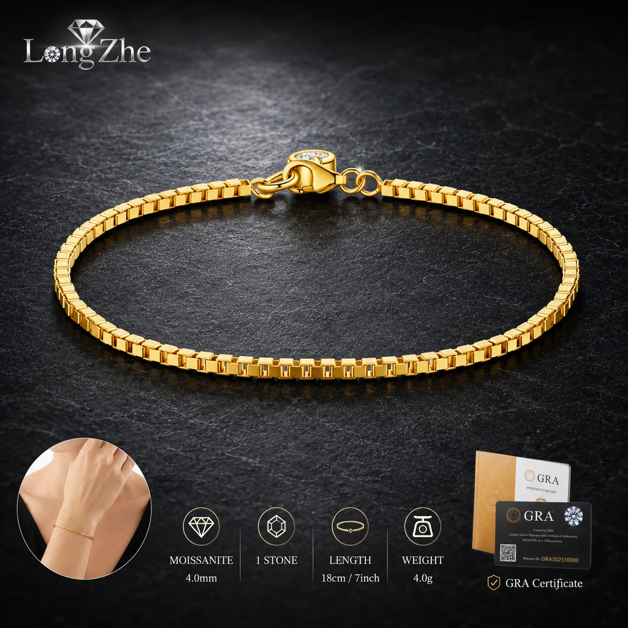 

S925 Silver Moissanite Bracelet 0.3CT Round Cut Gold Color Square Link Chain 18cm for Women Wedding Birthday Fine Jewelry Gift