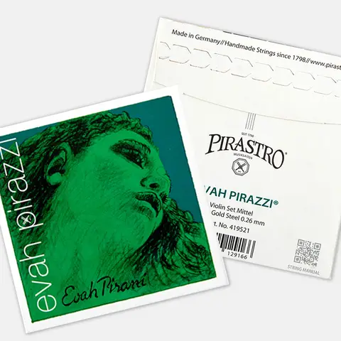 Conjunto de Cordas para Violino PIRAZZI EVAH PIRASTRO, Nova Embalagem, Tamanho 4/4, Núcleo Sintético, Tensão Média, Disponível em E-dourado/E-prateado