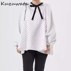 Kuzuwata Fresh Early Autumn O Neck Lantern Sleeve Print Shirt Lace Up Polka Dot Bow Loose Crop Top Japan Pullover Casual Blusas