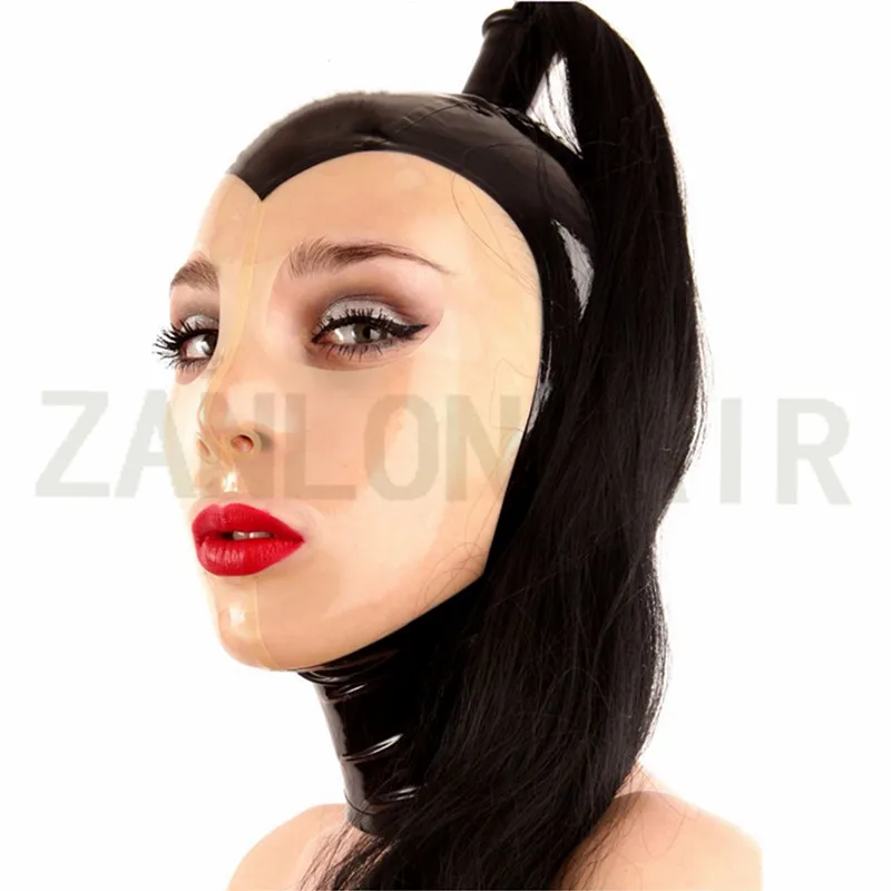 

Mysterious Exotic Sexy Lingerie Handmade Women Female Club Wear Latex Mask Hoods with Wig Fetish Uniform Back Zipper