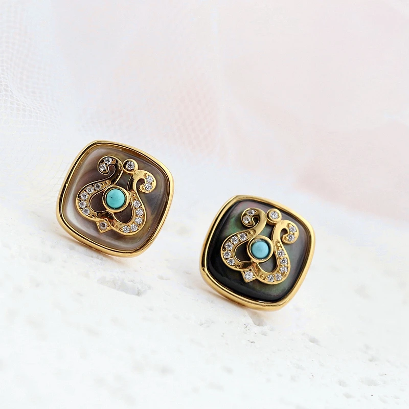 

Authentic 925 Sterling Silver Earstuds Inlaid Natural Pearl Shellfish Geometric Square 18K Gold Plated Earrings Jewelry Gift