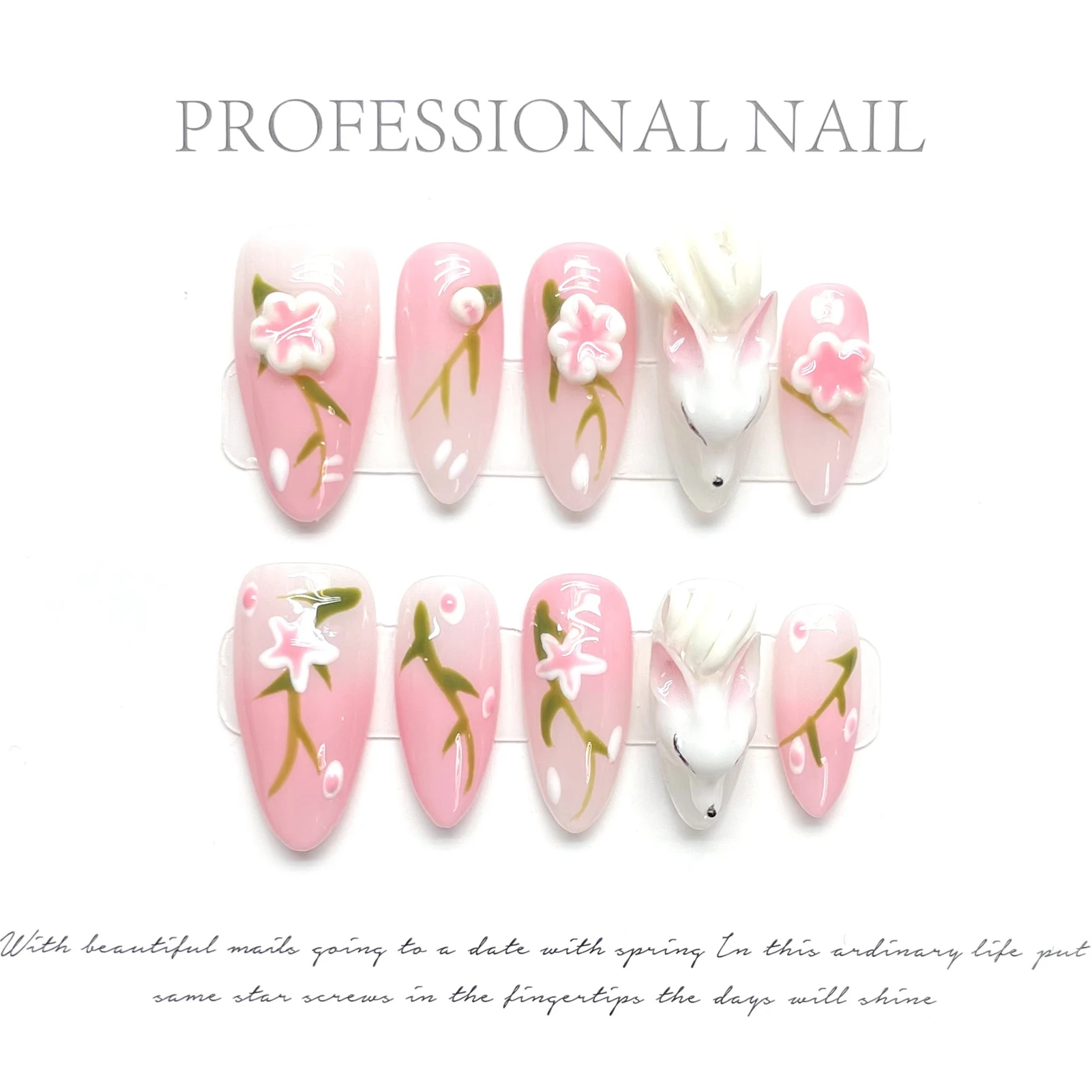 10pcs Handmade Almond False Nails Blush Pink 3D Little Foxes Designs Press On Nails Full Cover Chinese Style Nail Tips Art