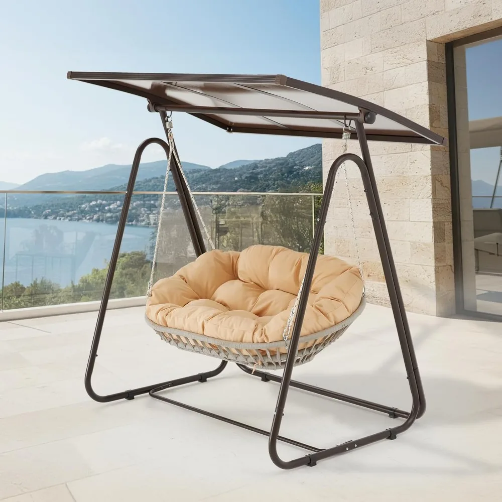 

2-Person Outdoor Porch Swing with Adjustable Hardtop Canopy, 5.9" Thick Cushions,Weather-Resistant Rattan Patio Swing Chair with