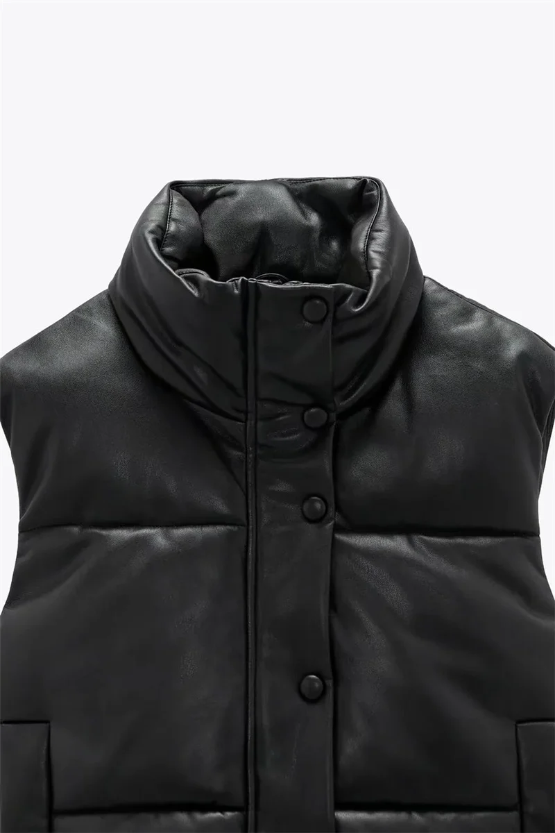 Women Solid Faux Leather Cotton Vest 2021 Winter Fashion Ladies Casual Thick Warm Sleeveless Parka Female Zipper Outwear