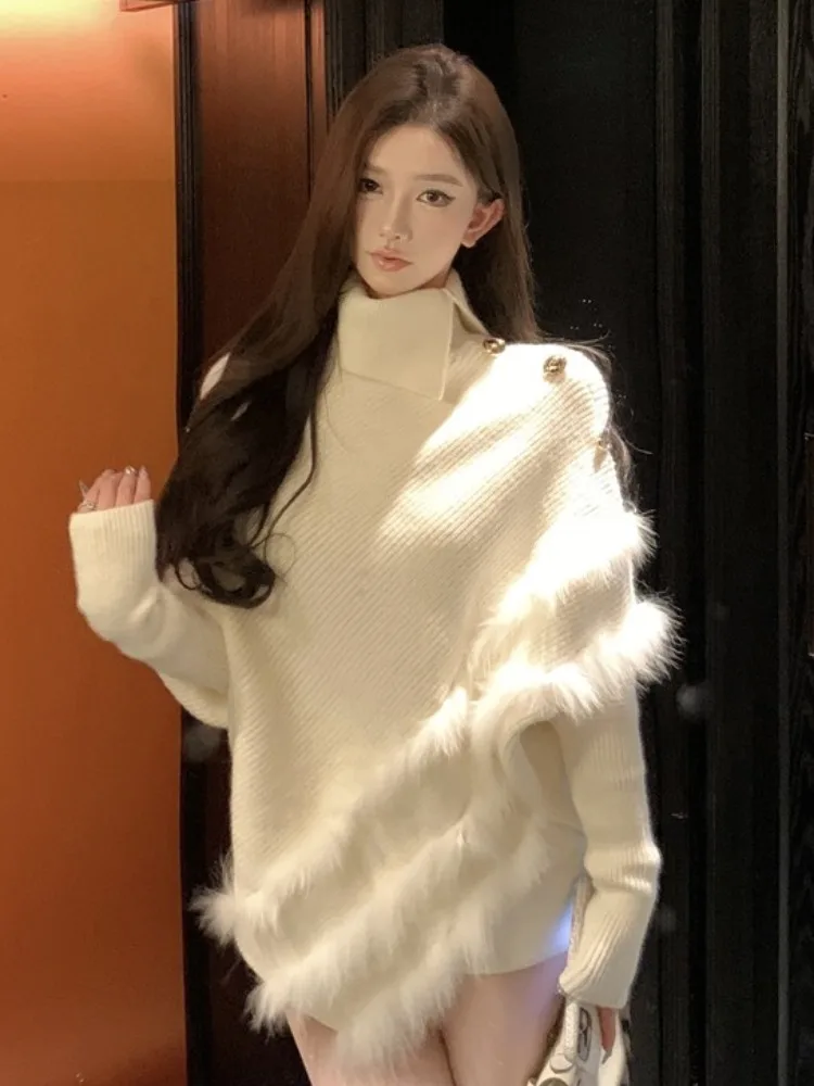 

Loose Knitted Long Sleeve Sweater Women Winter Irregular High Collar Overhead Fur Splicing Middling Length Quality Top