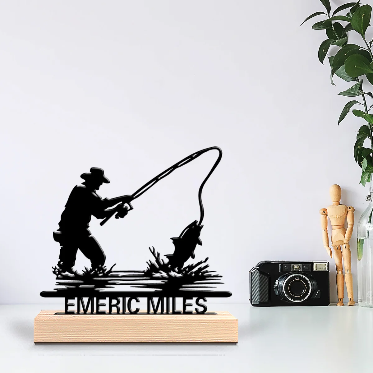 1pc Romantic Personalized Custom Fishing Metal Statues Fishing Enthusiast Gift With Wooden Stand Suitable For Office Bedroom And