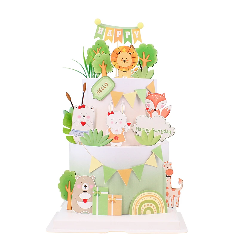 Adorno para tarta con tema de animales, banderas para tarta de feliz cumpleaños para niños, decoración para fiesta infantil de animales del bosque, adornos para cupcakes para hornear DIY