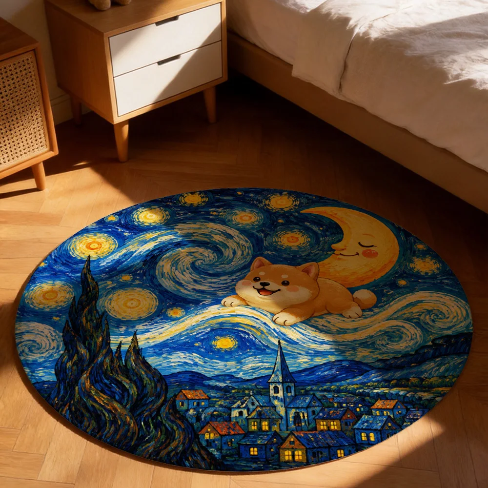 Cute Sleeping Puppy Under Crescent Moon Galaxy Night Sky Round Area Rug for Nursery Kids Room Decor