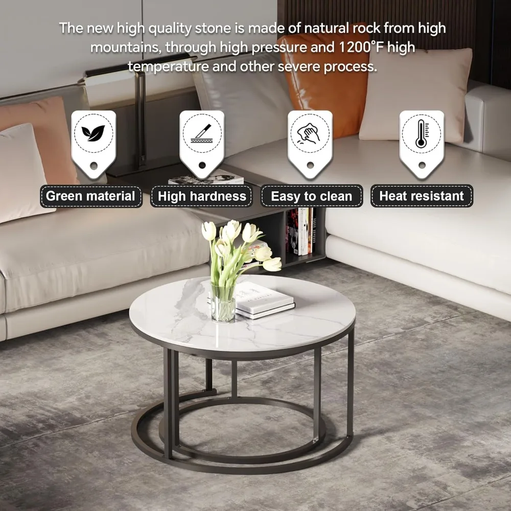 طاولات القهوة البيضاء المتداخلة - تصميم حديث مع قمصان حجرية ملبدة وإطارات معدنية لمساحات المعيشة #3