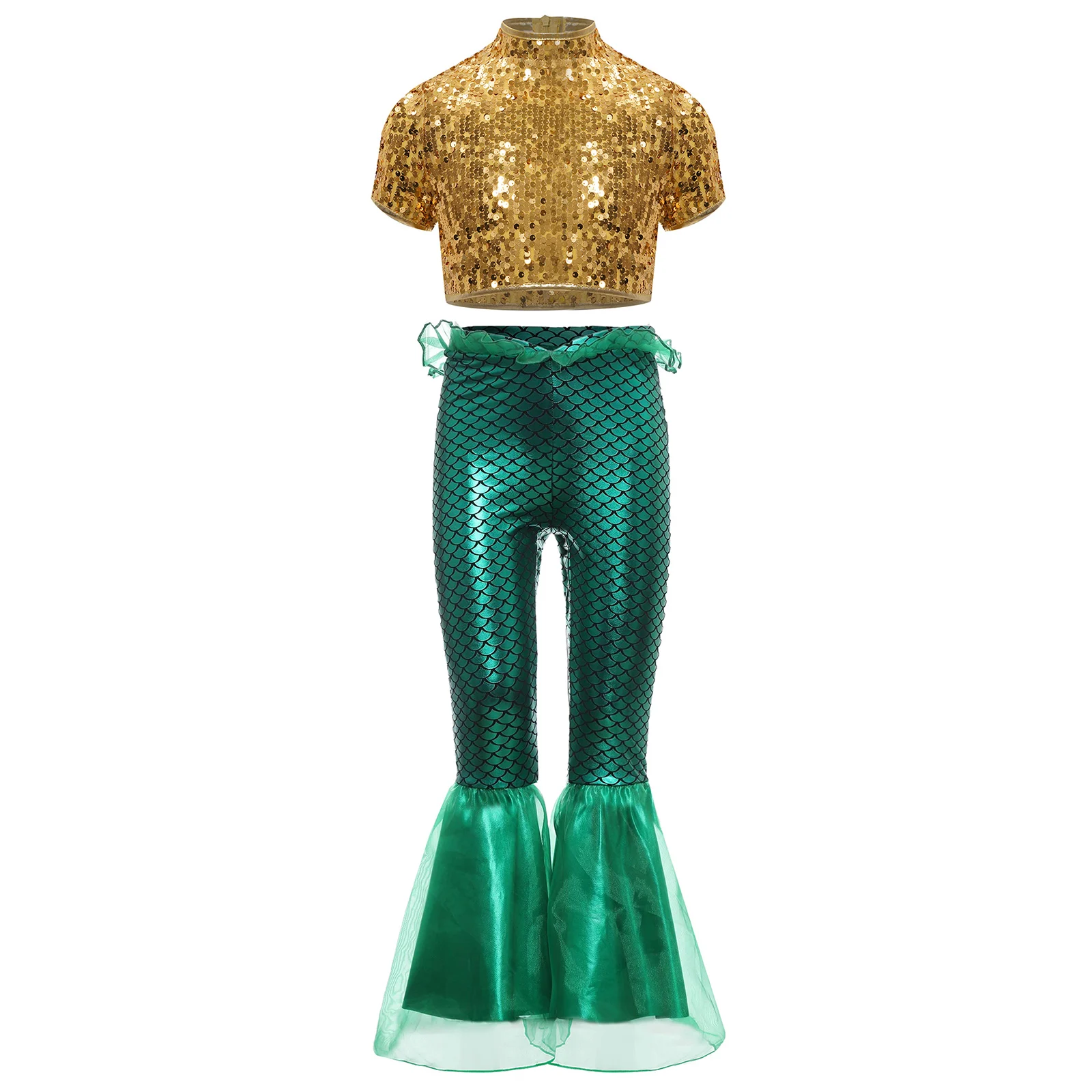 Trajes de Cosplay del rey de los mares de sirena para niñas, disfraz de fiesta temática, Top corto de lentejuelas brillantes con pantalones con volantes estampados de escamas de pescado