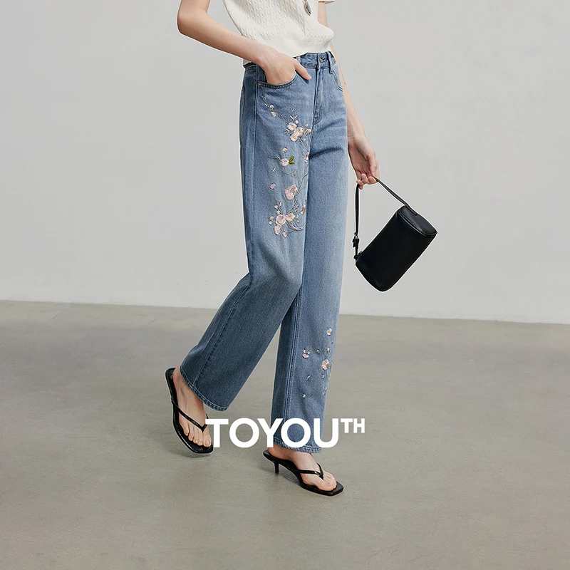 

TOYOUTH Women Denim Jeans 2025 Summer New Mid Waist Long Pants 8528024