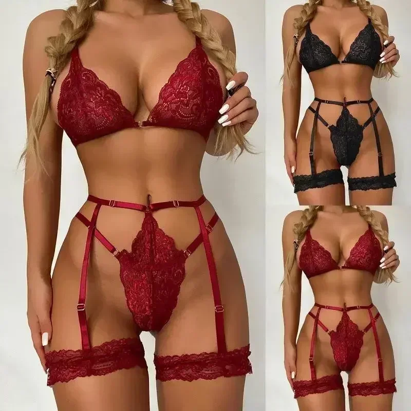 Sexy Lingerie Women Thin Transparent Lace See Through Female Erotic Underwear Bra Panty and Garter 3 Piece Set Sleepwear Suit