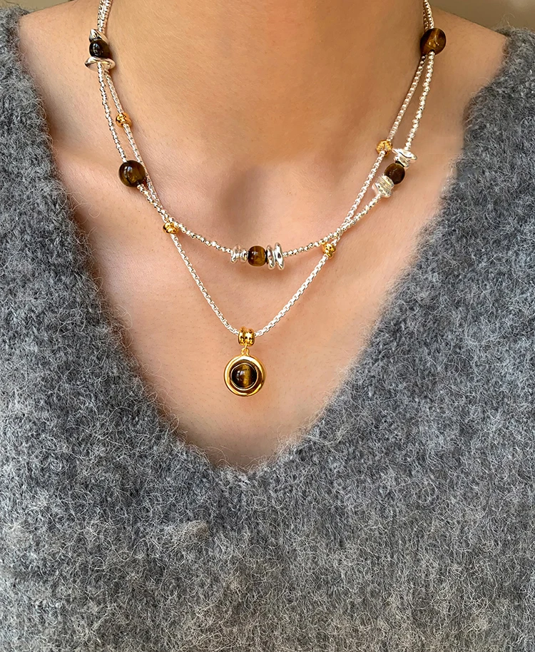Gold- und Silberfarbene Kette, kreisförmiger Tigerauge-Stein-Anhänger, Halskette, luxuriöser Schmuck für Damen, sexy Schlüsselbein-Accessoires – Detail 8