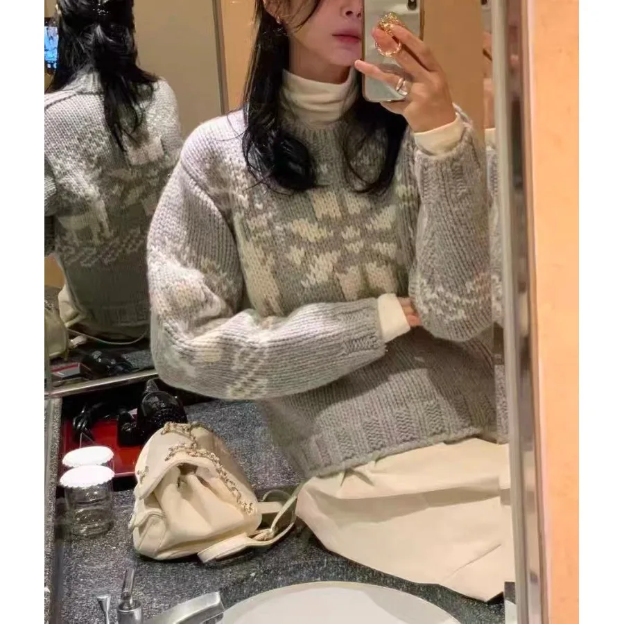 Femmes hiver Faionable décontracté Long Sve pull rétro polyvalent flocon de neige imprimé haut confortable coupe ample trajet Sle