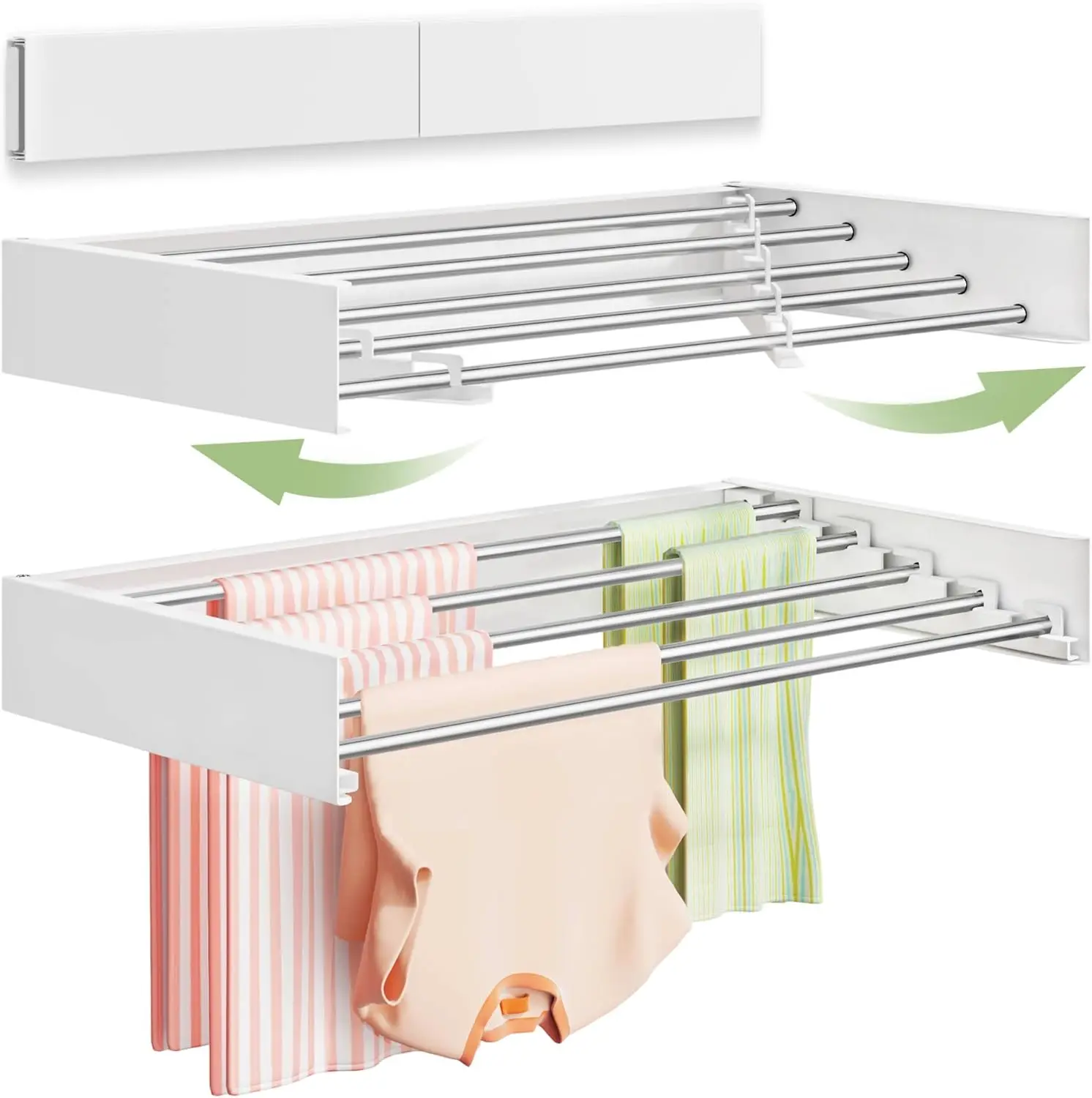

Foldable Wall Mount Laundry Rack, 32" Stainless Steel with 5 Rods, White Space Saver for Indoor Drying