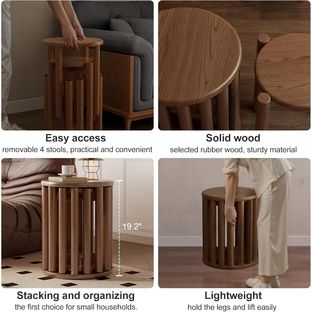 Ensemble de 4 tabourets empilables en bois, 18 pouces de hauteur, côté gigogne et tables basses, assemblage robuste et facile