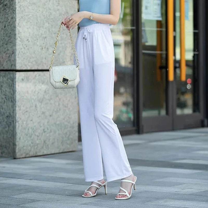 

Women's Summer Casual Pants Female Micro Horn Wide leg Pants Elastic Waist High Waist Thin Trousers 2023 New Large Size 5XL