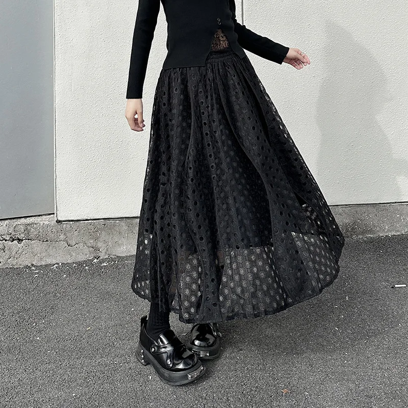 Vefadisa Black 2025 Spring Autumn New Hollow-out Design Women Skirts Temperament Fashion All-match A Line Skirts ZXY1446A