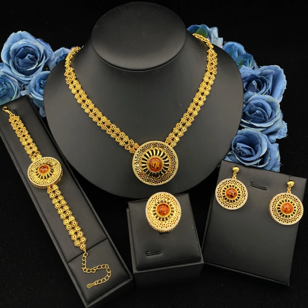 

JRH Recessed Design Fashion Luxury Leopard Print 4 Piece Necklace Bracelet Earrings Ring Women's Bridal Jewelry Set