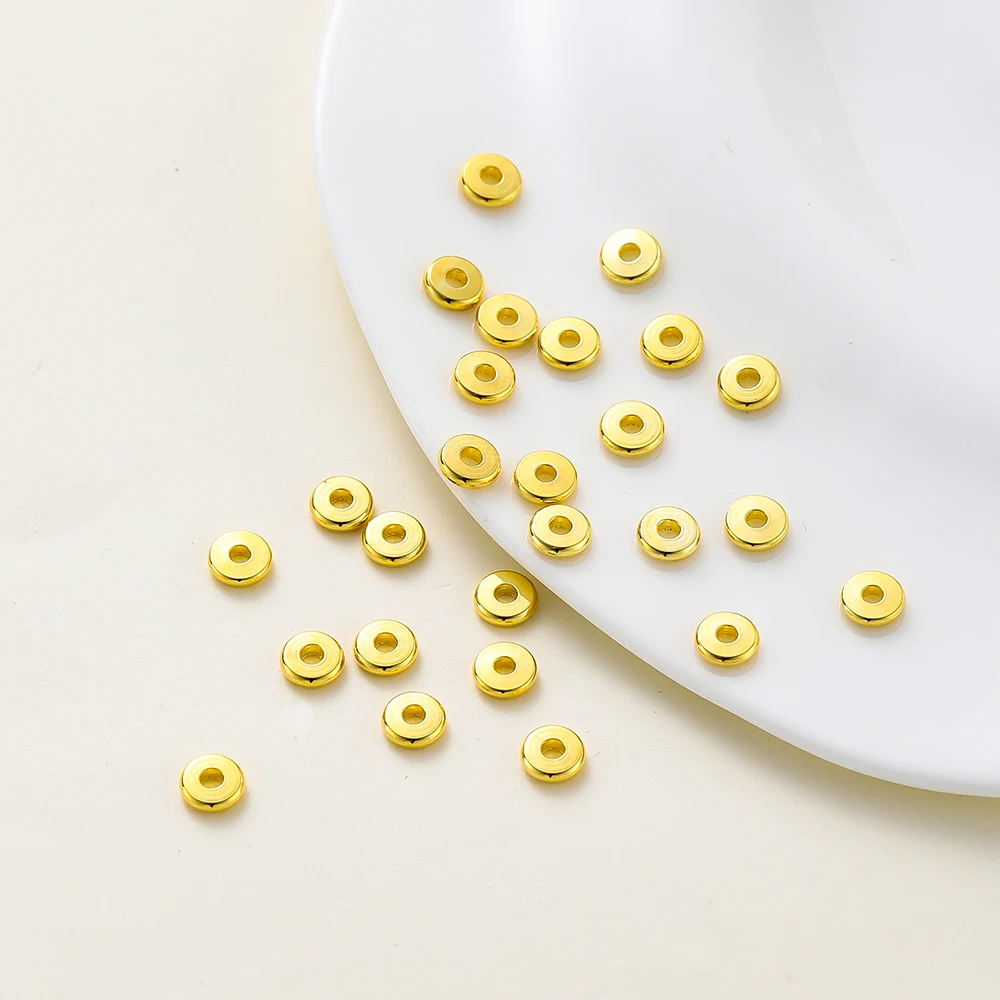 10-30Pcs/lot 14K/18K Gold Color Plated Brass 3-8mm Round Spacer Beads Flat Bracelet Beads for DIY Jewelry Accessories