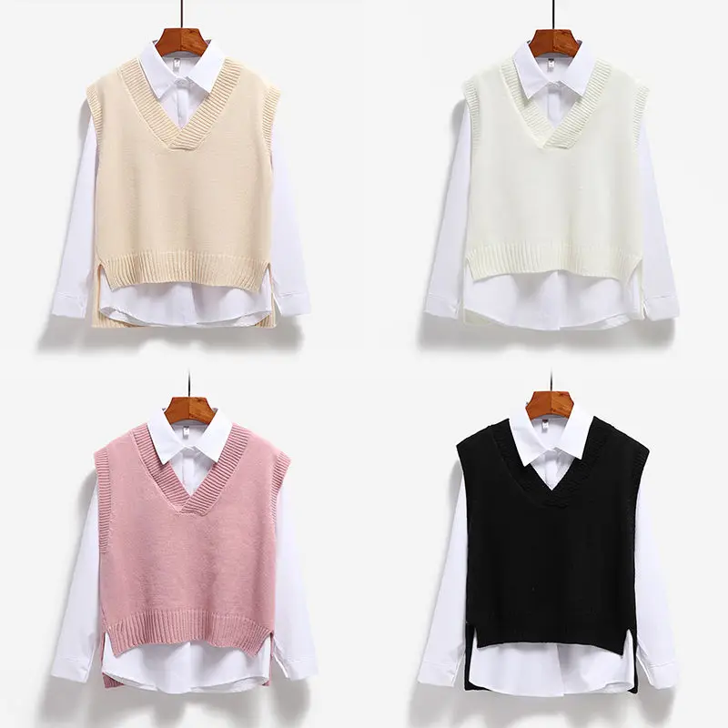Women Sweater Vest Spring 2022 Autumn Women Short Loose Knitted Sweater Sleeveless V-Neck Pullover Tops Female Outerwear Black