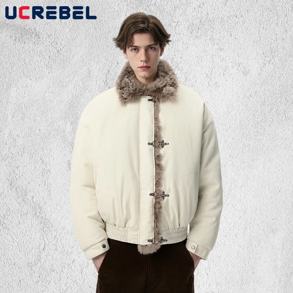 

Fur Collar Spliced Padded Jacket Mens Button Decoration Winter Retro Streetwear Lapel Long Sleeve Thick Quilted Jacket