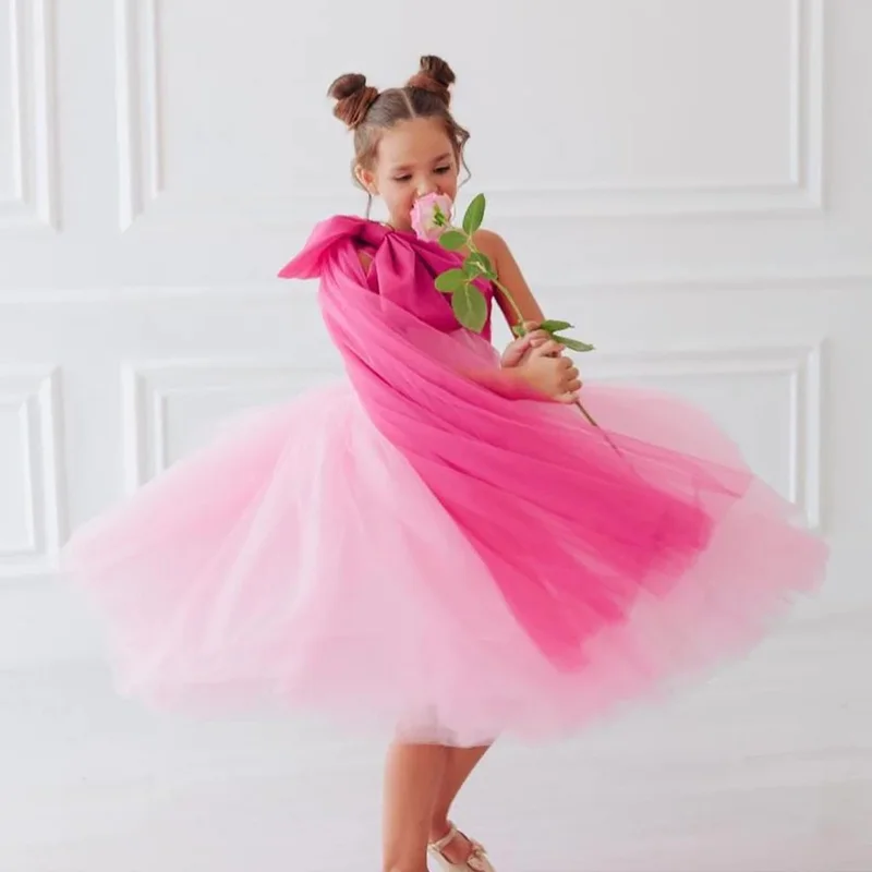 AsaNagi-Vestido de tul rosa para niña pequeña, traje de Fiesta de cumpleaños con un hombro al descubierto, 2023