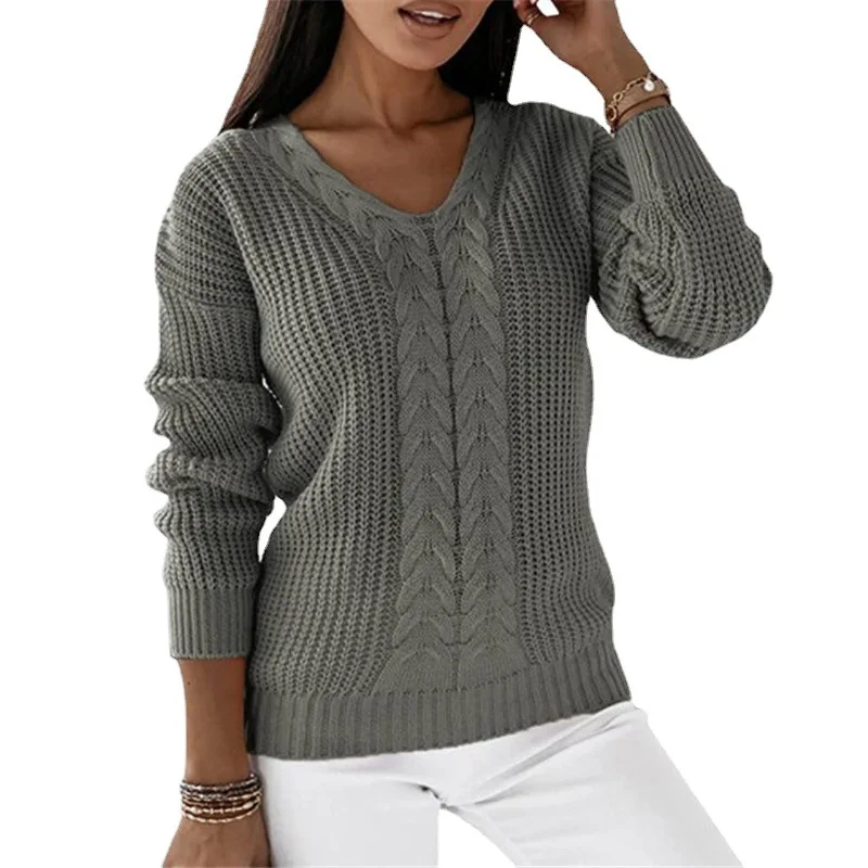 

Women's Sweater Daily Clothes Temperament Commuting Long Sleeve V-neck Solid Slim Fit Fried Dough Twists Casual Knitted Pullover