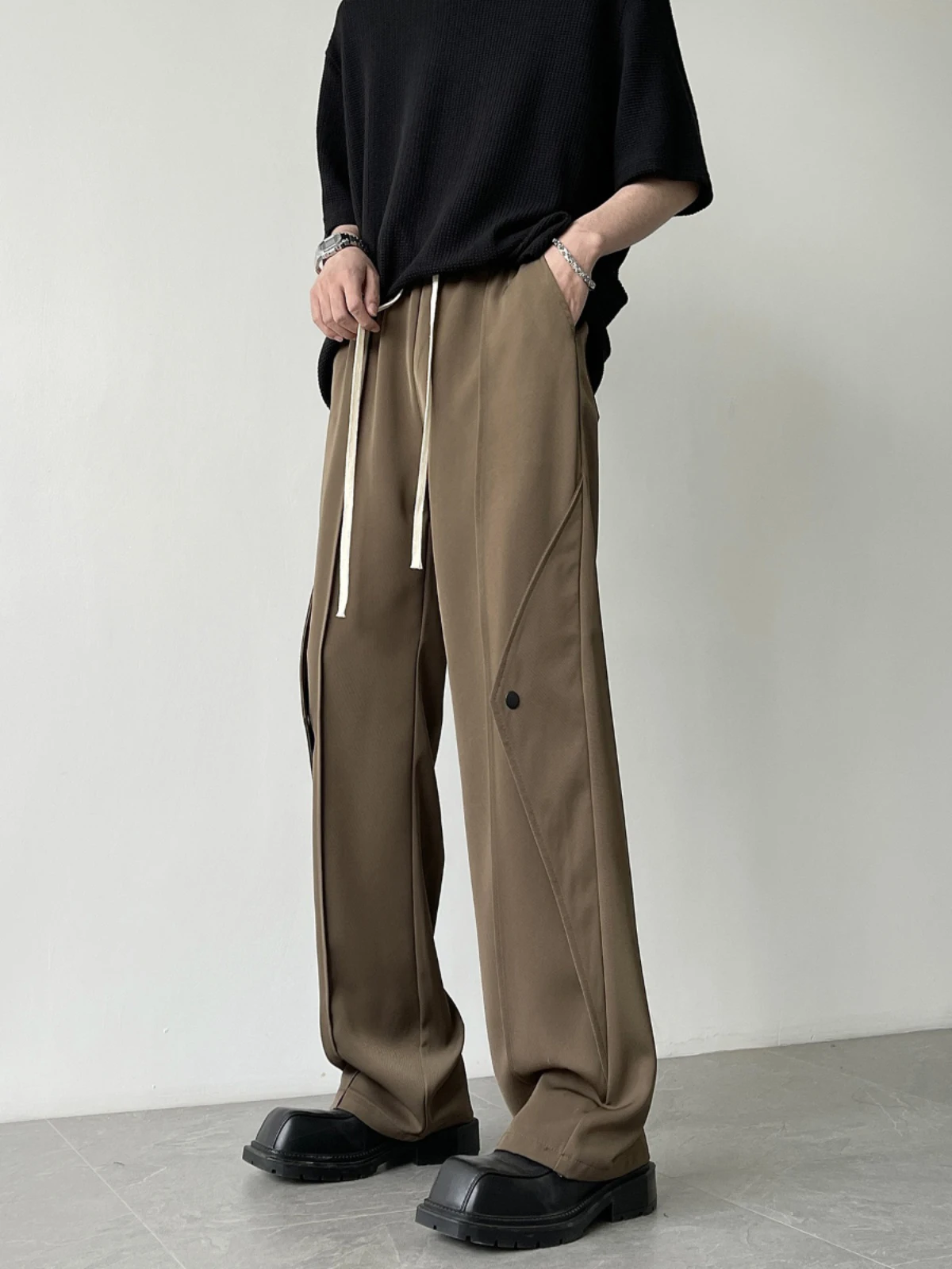 

Мужские повседневные брюки из ледяного шелка с широкими штанинами, тонкие, прямые, свободные, длинные, модные, городские, на все сезоны, для повседневной носки