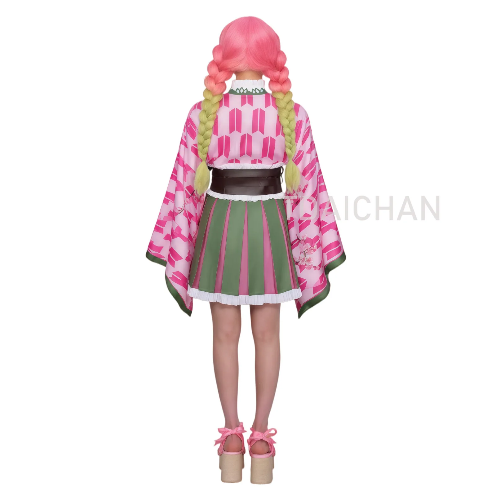 Anime Kanroji Mitsuri Cosplay Costume Wig Pink Green Gradient 3-Braid Hair 5th Anniversary Demon Accessory Halloween Free Wigcap view 5