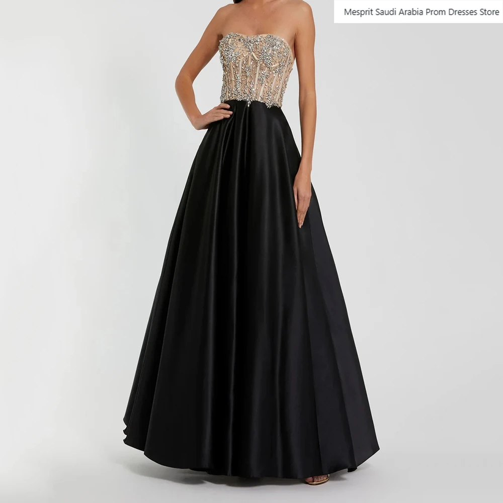 

A-line Black Women's Evening Dresses Ankle-length Strapless Sleeveless Prom Gown Fashion Crystal Simple Draped Customized Gowns