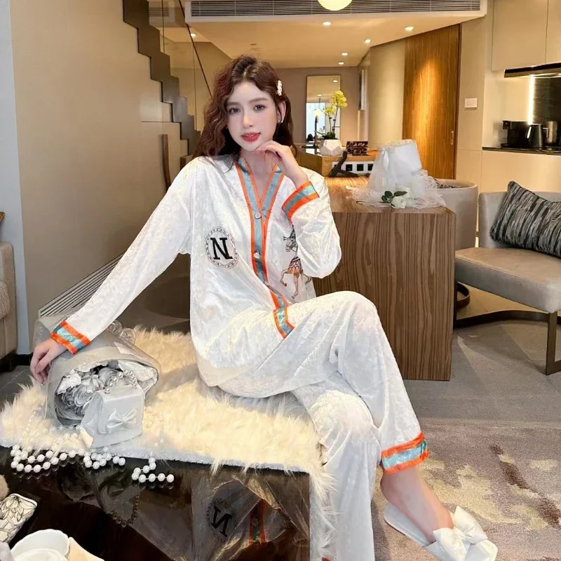 Plus Size Winter Spring Pajamas Women Korean Soft Comfort Gold Velvet Long-Sleeved Trousers Suit V-Neck High-Grade Home Clothes